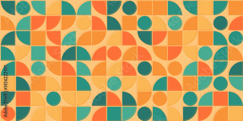 Retro circles and squares pattern background wallpaper. Bauhaus shapes pattern with warm tones. Perfect for digital wallpapers, branding, or textile applications.