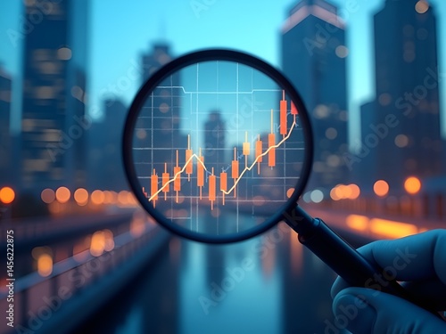 Magnifying glass focusing on glowing financial chart, blurred city skyline background, neon lights, rainy street reflections, dusk atmosphere, urban finance concept, analytical perspective, futuristic
