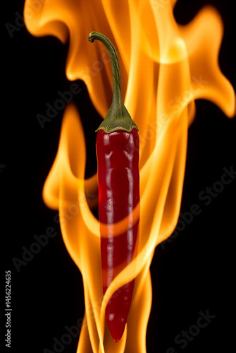 A vivid photograph of a single, glossy red chili pepper suspended above vibrant orange and yellow flames against a black background, creating a striking contrast and intense visual impact.