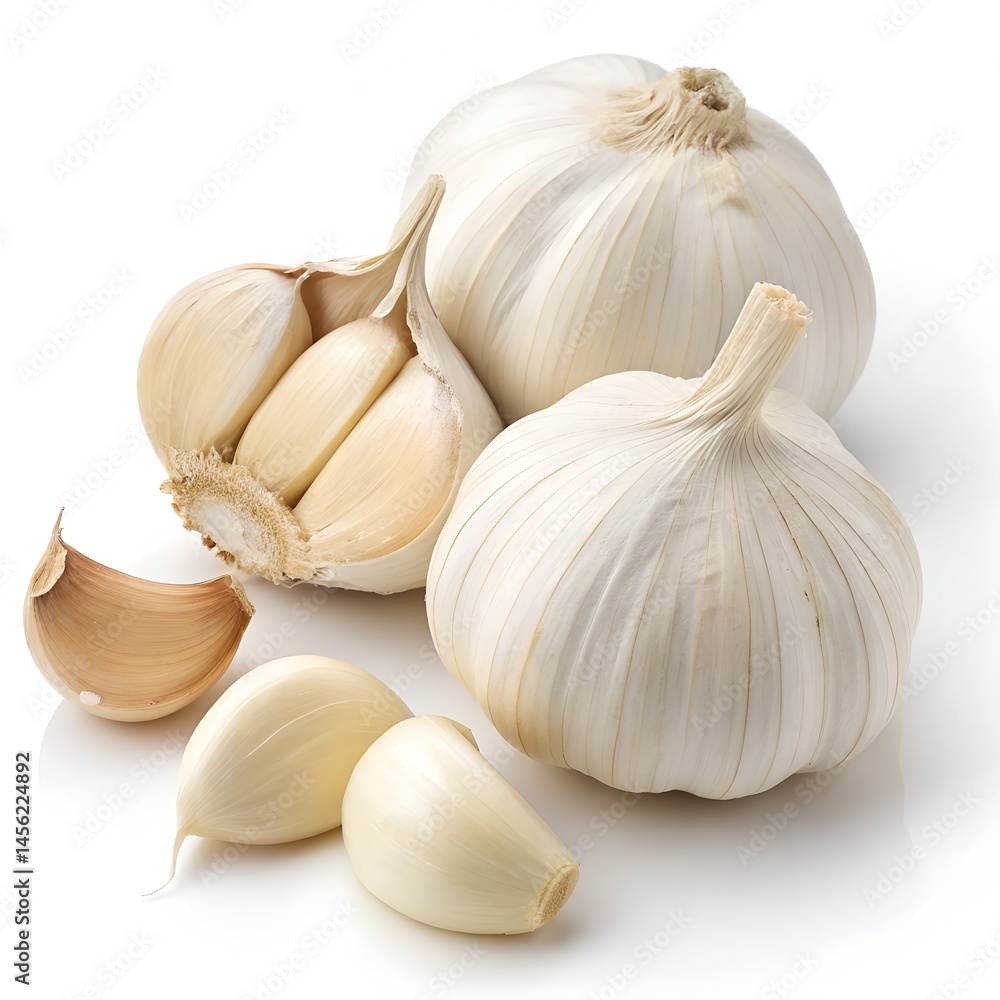 Obraz premium Whole Garlic Bulbs and Peeled Cloves Isolated on White Background