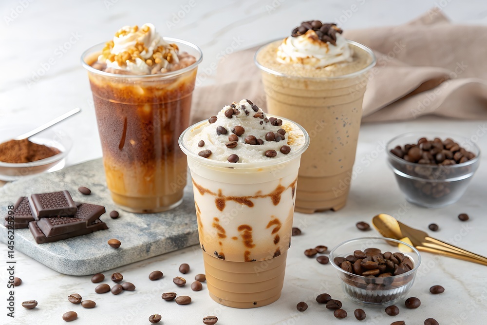 Three iced coffee drinks with whipped cream and toppings on a marble surface Three iced coffee drinks with whipped cream and toppings on a marble surface