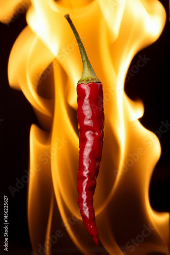 A vivid photograph of a single, glossy red chili pepper suspended above vibrant orange and yellow flames against a black background, creating a striking contrast and intense visual impact.