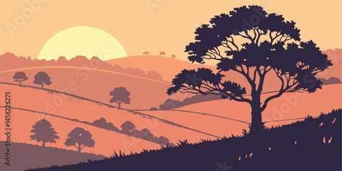 sunrise over hills silhouette icon landscape vector illustration