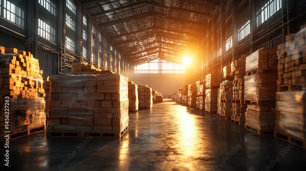 Warehouse interior, sunlight streams in. Packed goods on pallets Warehouse interior, sunlight streams in. Packed goods on pallets