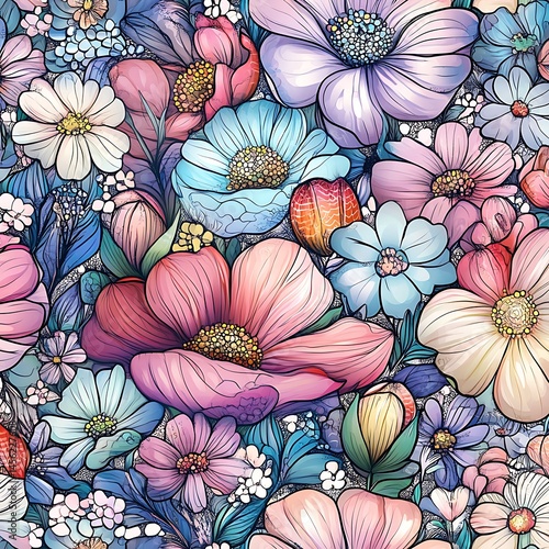 Wallpaper Mural Floral Symphony: A vibrant tapestry of various flowers, each petal and leaf intricately depicted in a vivid watercolor style, bursting with life and color. Torontodigital.ca