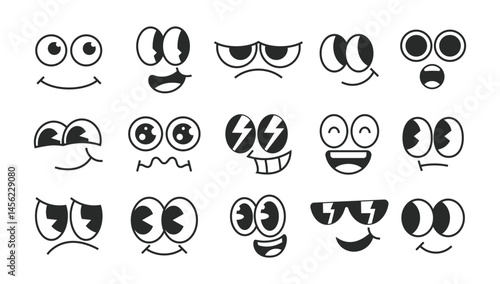 Retro face cartoon character collection. Trendy different expression with eyes and mouth.