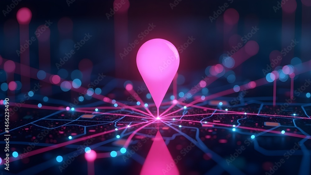 Glowing pink location pin icon, digital network connections, futuristic cityscape, neon lights, data visualization, GPS tracking concept, dark background with blue tones, 3D rendering, Glowing pink location pin icon, digital network connections, futuristic cityscape, neon lights, data visualization, GPS tracking concept, dark background with blue tones, 3D rendering,