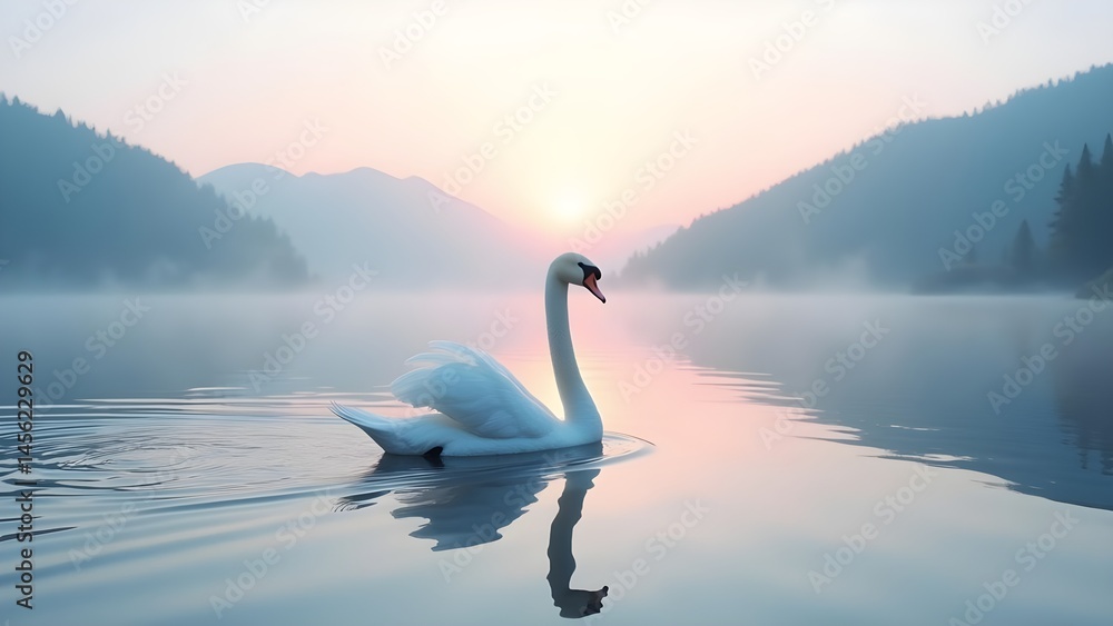 Fototapeta premium Elegant White Swan Drifting on a Misty Lake at Sunrise: A Serene Nature Scene