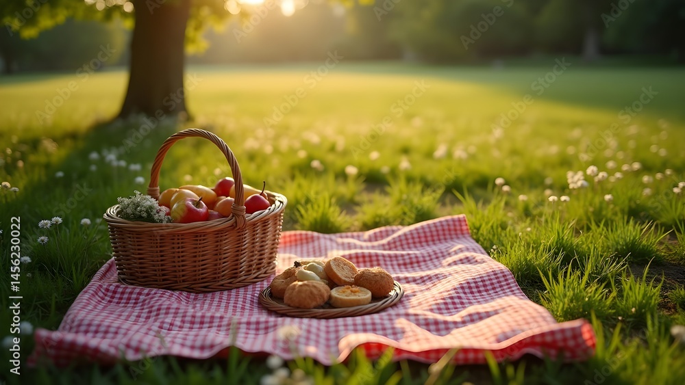 Inviting picnic setup with fruit-filled basket and delicious pastries on a red plaid blanket in a grassy field Inviting picnic setup with fruit-filled basket and delicious pastries on a red plaid blanket in a grassy field