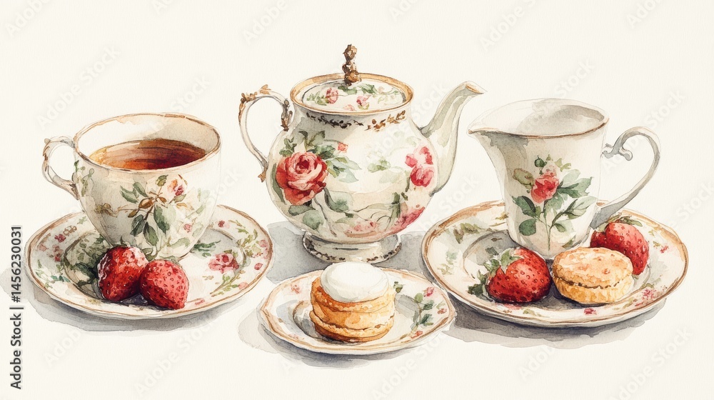 Fototapeta premium Watercolor illustration of British afternoon tea,tea break in the English style,tea set with Afternoon tea stand with macaroons and scone,cake,cup of tea,Tea time dessert table,vintage style.