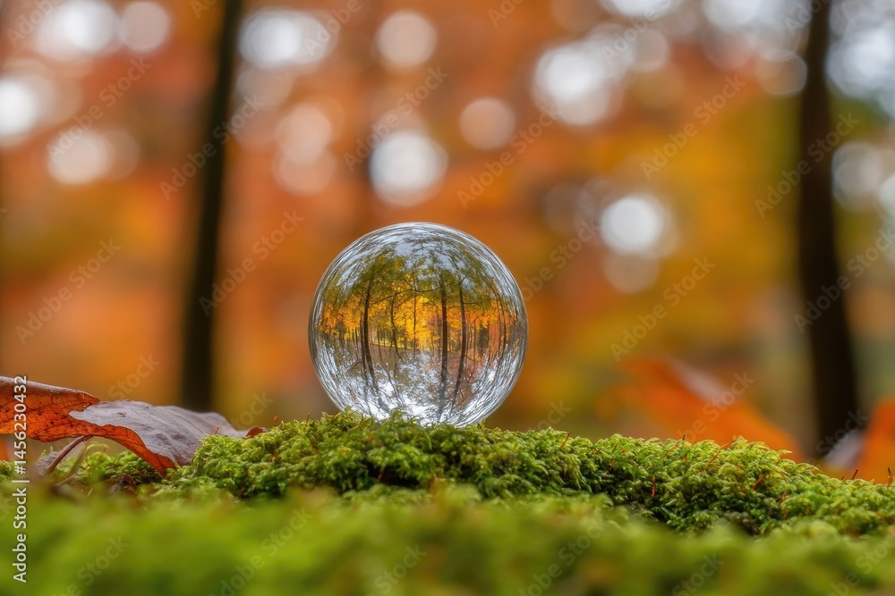 Crystal ball reflecting autumn forest A transparent sphere sits on moss, showcasing a miniature forest scene with vibrant autumn colors Crystal ball reflecting autumn forest A transparent sphere sits on moss, showcasing a miniature forest scene with vibrant autumn colors