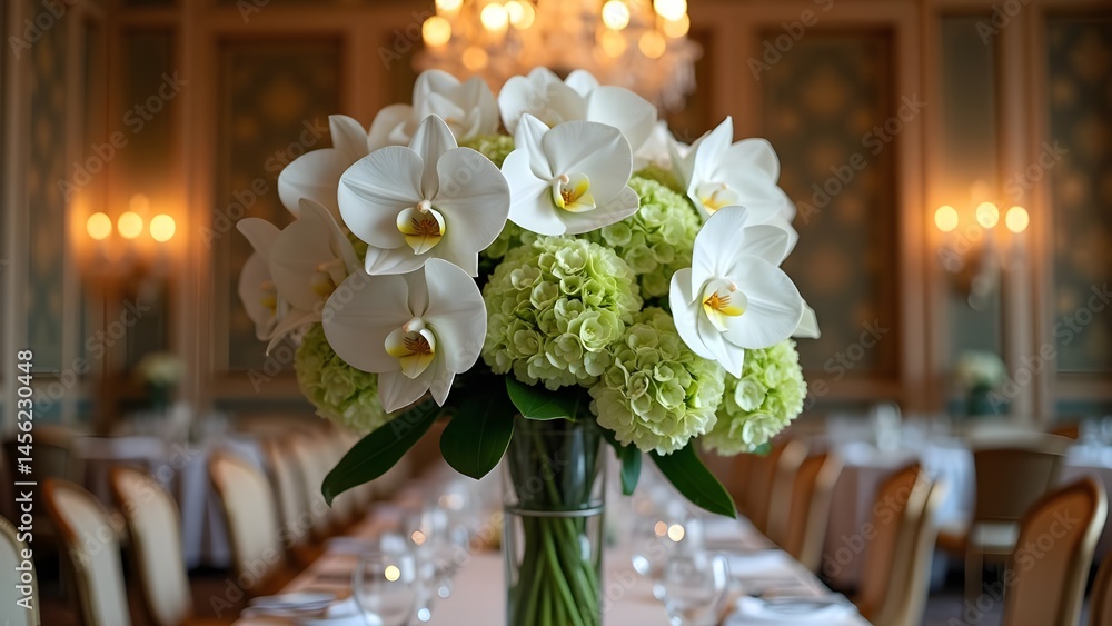 Obraz premium Elegant Wedding Reception Table with Orchid and Hydrangea Centerpiece Floral Arrangement