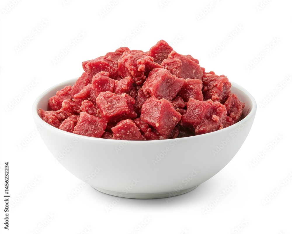 Fresh Raw Diced Beef Cubes in a White Bowl Ideal for Cooking and Culinary Preparation Fresh Raw Diced Beef Cubes in a White Bowl Ideal for Cooking and Culinary Preparation