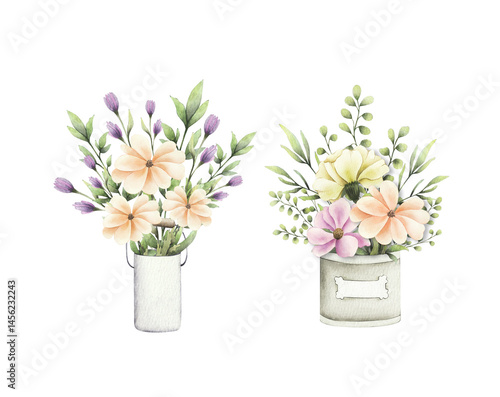 a bouquet of flowers in a vase painted in watercolor