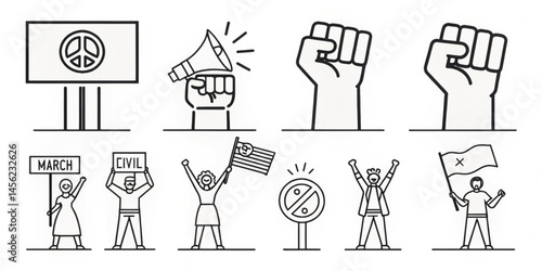 Protest & Activism Black Stroke Icons – Linear Set of Fist, Placard, Demonstration, Civil Rights 