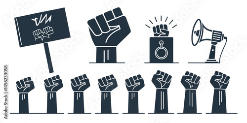 Protest & Activism Black Stroke Icons – Linear Set of Fist, Placard, Demonstration, Civil Rights 