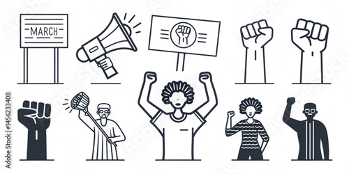 Protest & Activism Black Stroke Icons – Linear Set of Fist, Placard, Demonstration, Civil Rights 