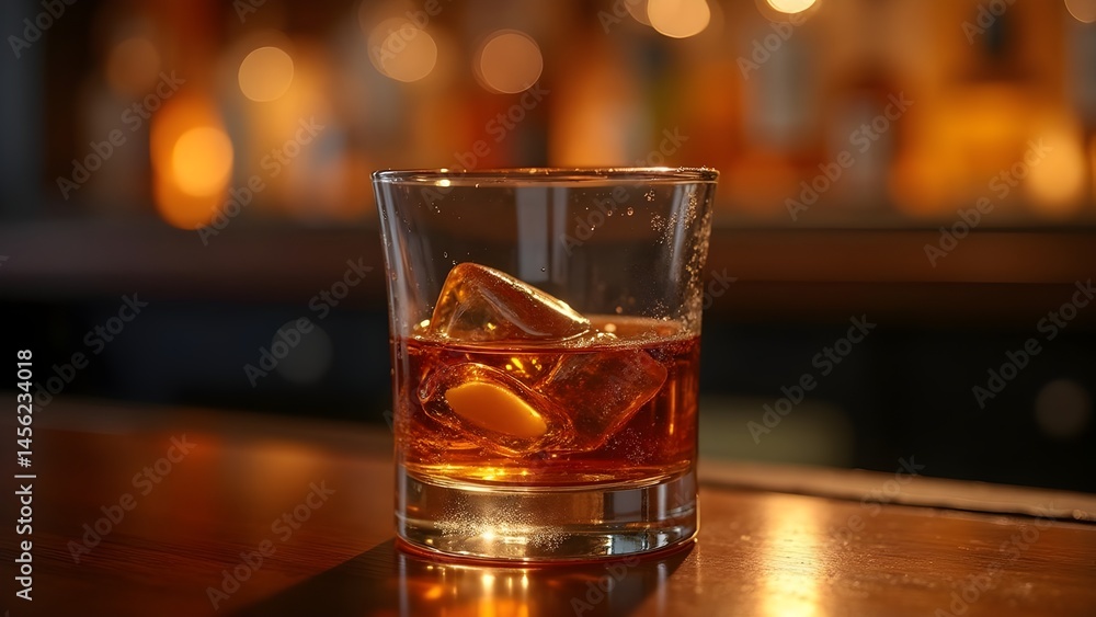 Whiskey on the Rocks in a Glass with Ice Cubes at a Bar, Beverage, Refreshment, Cold Drink, Alcohol Whiskey on the Rocks in a Glass with Ice Cubes at a Bar, Beverage, Refreshment, Cold Drink, Alcohol