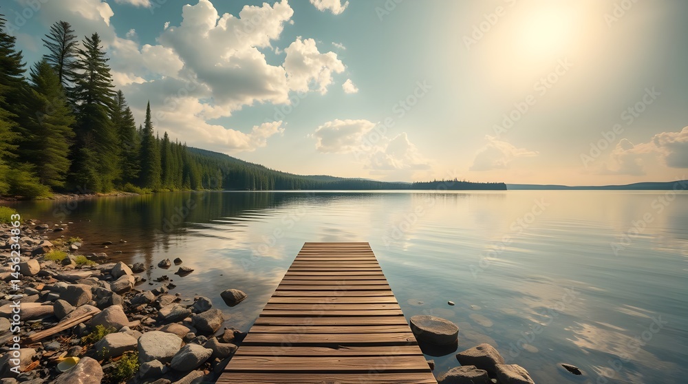 Serene lake view, wooden pier stretching into calm water, mirror-like reflections, vibrant sunset sky, fluffy clouds, lush green shoreline, golden hour lighting, tranquil atmosphere, wide-angle landsc
