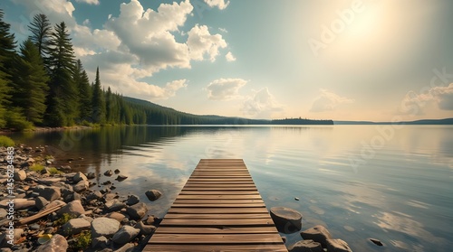 Obraz na płótnie Serene lake view, wooden pier stretching into calm water, mirror-like reflections, vibrant sunset sky, fluffy clouds, lush green shoreline, golden hour lighting, tranquil atmosphere, wide-angle landsc w salonie