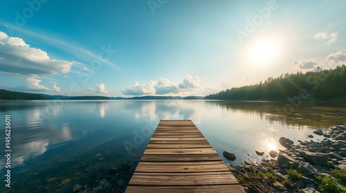 Obraz na płótnie Serene lake view, wooden pier stretching into calm water, mirror-like reflections, vibrant sunset sky, fluffy clouds, lush green shoreline, golden hour lighting, tranquil atmosphere, wide-angle landsc w salonie
