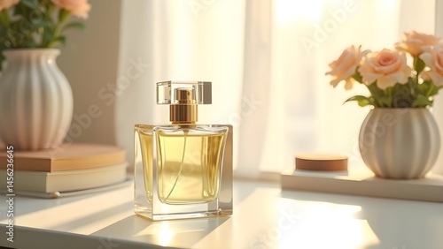 Elegant Perfume Bottle with Roses in Soft Sunlight: A Luxurious Still Life of Beauty and Fragrance