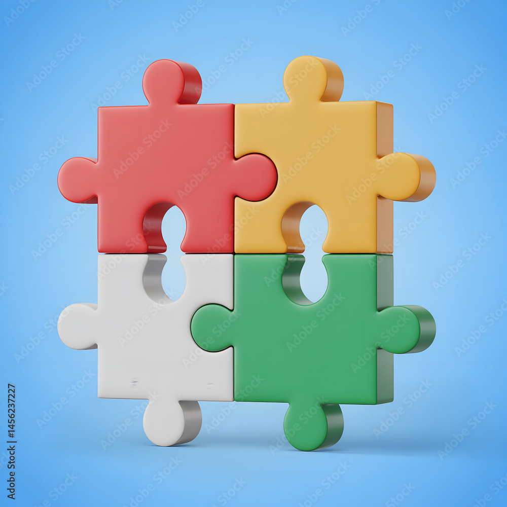 Fototapeta premium Interlocking colorful puzzle pieces symbolizing teamwork strategy problem solving and cooperation on blue backdrop