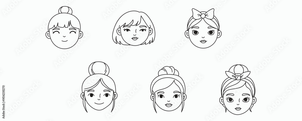 Set of cute cartoon girl faces with different hairstyles and accessories, outlined in black line art style. Perfect for avatars, stickers, or character design projects. Set of cute cartoon girl faces with different hairstyles and accessories, outlined in black line art style. Perfect for avatars, stickers, or character design projects.