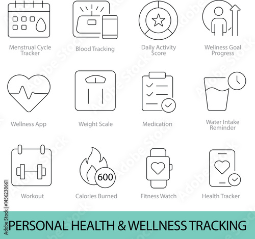 Personal Health & Wellness Tracking – 12 Editable Line Icons for Health Monitoring, Fitness, & Wellness Apps | Vector Set in AI, EPS, SVG | Designed in Adobe Illustrator