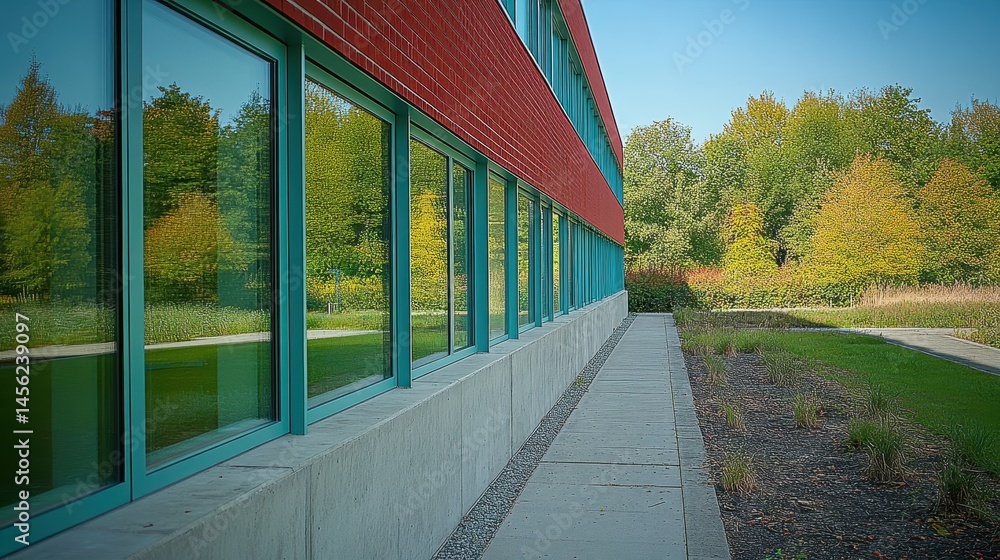 Fototapeta premium Modern building with reflection of lush greenery in large windows merging architecture with nature for sustainable urban design aesthetic