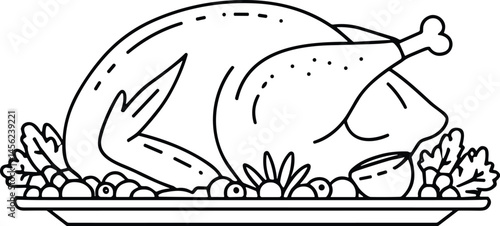 Thanksgiving Turkey Dinner Outline Vector – Holiday Feast Line Art Illustration