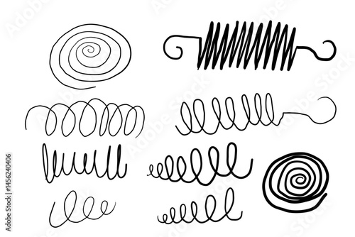 Spiral metal coil wire doodle hand drawn bounce steel curve line spring. Set vape metallic flexible coils. Steel motor spiral 