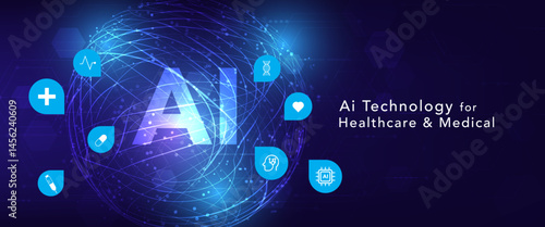 AI healthcare technology background with glowing circuits, medical icons, and digital sphere. Futuristic vector for innovation, medtech, and health data.
