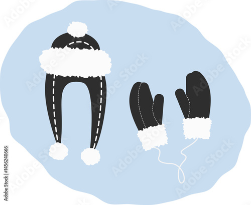 Ear flap hat and Mittens with fur decor Winter clothes Sticker Icon Logo Tag design element Idea Set