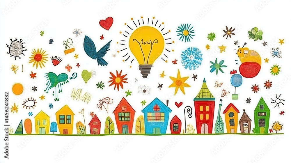 Obraz premium Whimsical townscape illustration with vibrant houses and creative light bulb a burst of imagination for vibrant creative designs
