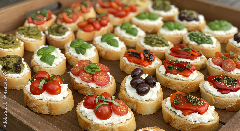 Assorted Bruschetta Toppings Featuring Fresh Ingredients on Rustic Tray Assorted Bruschetta Toppings Featuring Fresh Ingredients on Rustic Tray