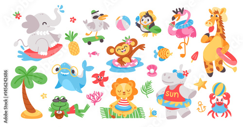 Cute animals on vacation. Cartoon summer adorable animal and bird. Giraffe in straw hats, elephant on surf, seagull on beach, funny hippo with swim ring. Vector children collection