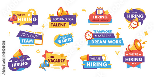 Megaphones offer banners. Hiring megaphone labels. Recruitment job vacancy. Communication teamwork loudspeaker. Job announcement. HR and career vector badges