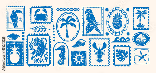 Tropical summer elements. Hand drawn exotic shape stickers. Retro abstract jungle palm, wild bird, shells, leopard, fruit. Silhouette stamp, frame. Vector set