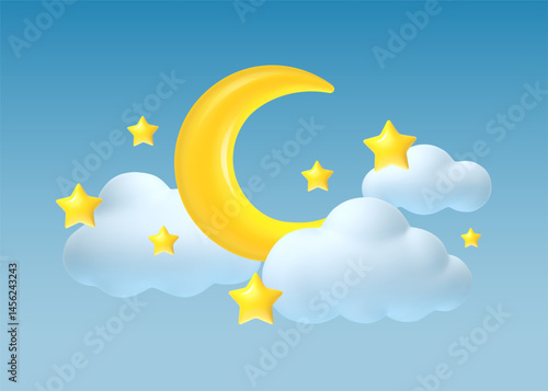 3d moon. Realistic crescent, star and clouds. Blue banner dreamy sky. Cute night symbols. Bedtime background. Render celestial elements for kids sleep scene. Vector illustration