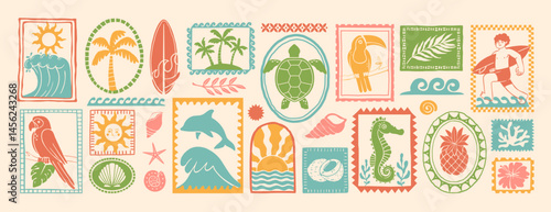 Summer shapes elements. Cartoon Hawaii tropic exotic paradise frames with animal, bird, flower, surf, people, palm tree. Ethnic collage with stamps. Vector set