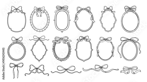 Retro hand drawn frames. Vintage ribbon and bow elements. Coquette elegant oval frame with classic ornate decor for branding, wedding invitation, poster. Vector set