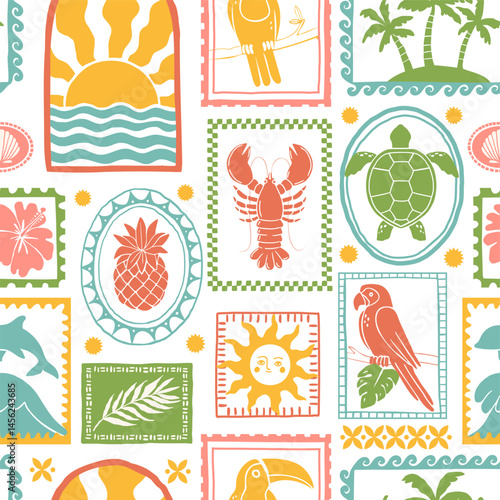 Summer tropical pattern. Hand drawn exotic Hawaii seamless background. Paradise flower, toucan, parrot, palm, surf, frames. Trip nature vector patchwork print