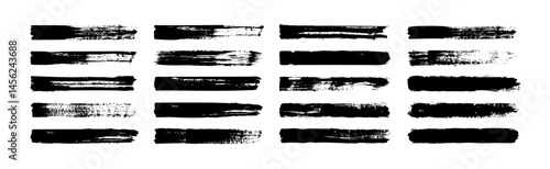 Brush stroke. Black paintbrush. Hand drawn horizontal textured grunge lines for text. Grange marker texture. Thick paint shapes, long highlight banners, ink brushes. Vector set