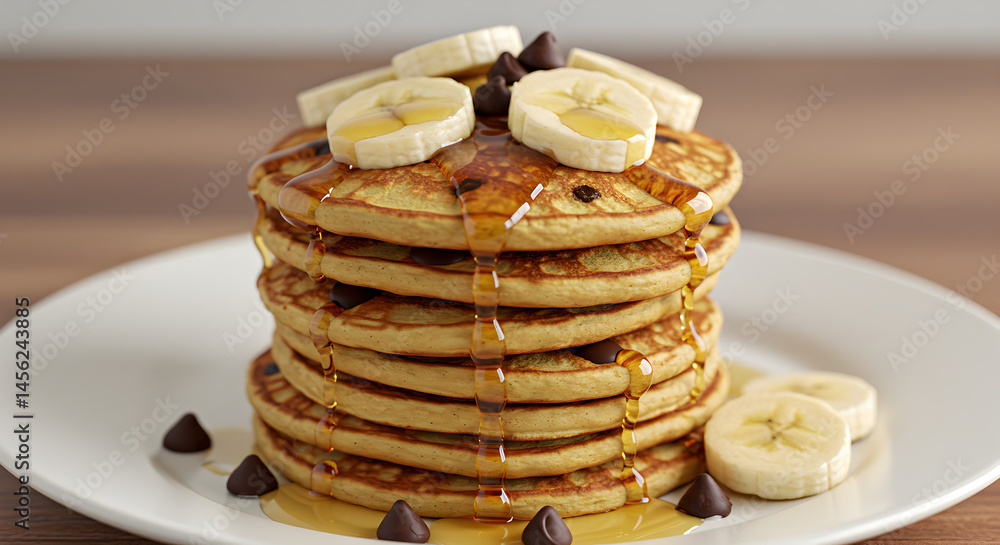Stack Of Delicious Pancakes Topped With Banana Slices And Maple Syrup Stack Of Delicious Pancakes Topped With Banana Slices And Maple Syrup