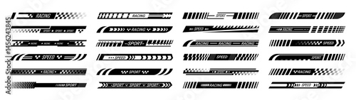Race sports lines. Black car speed line stickers. Sport bike stripes decals. Vinyl motorcycle geometric identity marks. Vehicle decorative tuning. Motor starts flag elements. Vector set