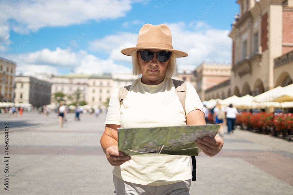 A senior woman stands in a beautiful city square, holding a map while enjoying sightseeing. She is dressed in a comfortable outfit, wearing a hat and sunglasses.
