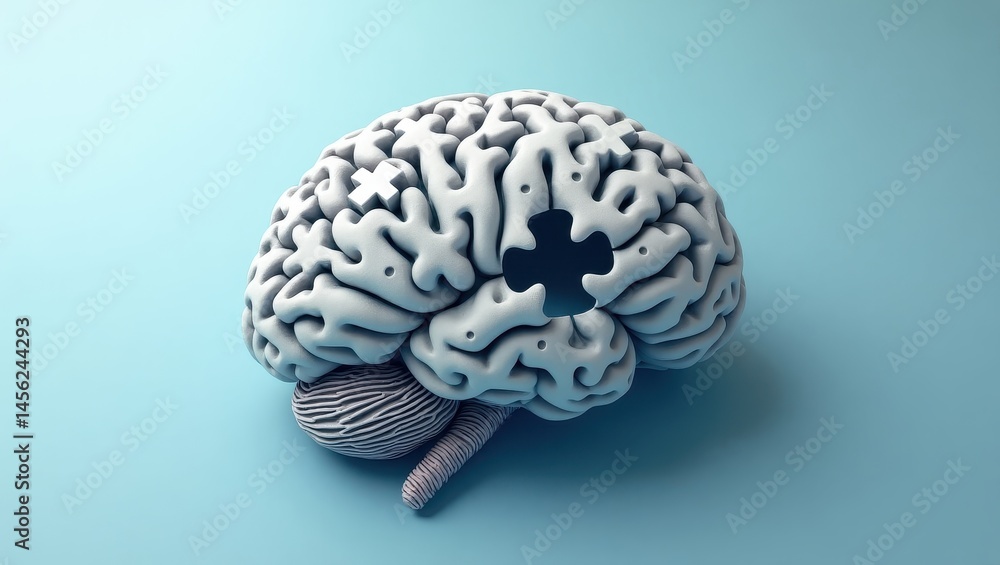Naklejka premium 3D Render of Human Brain with Missing Puzzle Piece Conceptual Image of Neurological Disorder Mental
