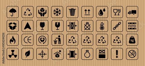 Packaging symbols. Shipping boxes icon. Parcels, packaging materials. Sticker labels for packages. Product safety, logistics communication, global e-commerce. Vector collection