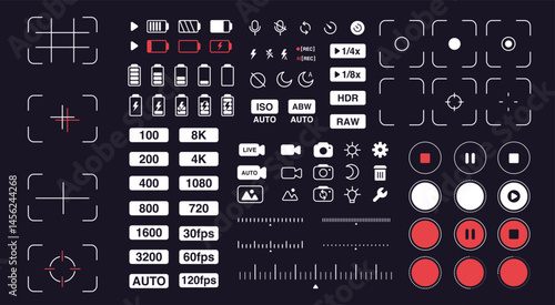 Camera interface. Smartphone camera UI icons. Mobile phone viewfinder, photo settings. Tablets digital cameras, photography apps, mobile video accessories. Vector cellphone symbols